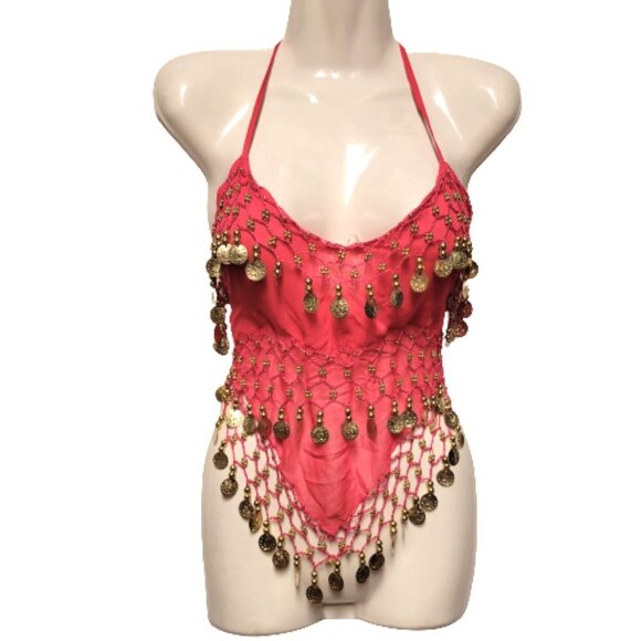 Fuchsia Pink Belly Dancing Top Crocheted with Gold Beads Coins Halter Crop Top - Picture 2 of 6